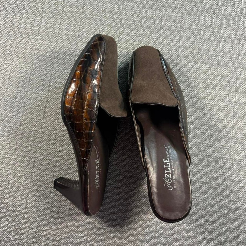 Helle Brown heeled mules with crocodile print.